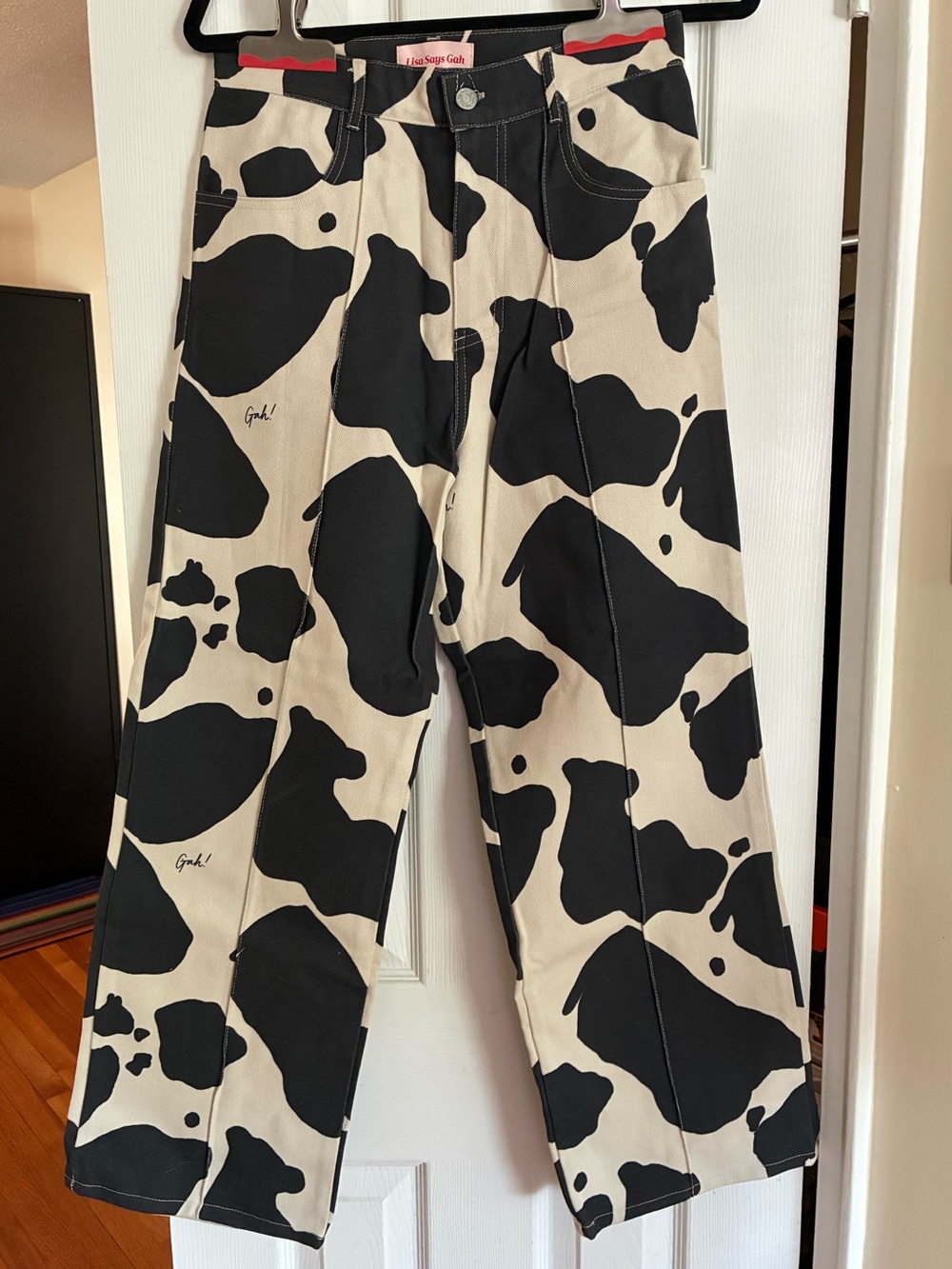 Lisa Says Gah Girls Cow Print Wide-Leg Jeans in Black and Cream